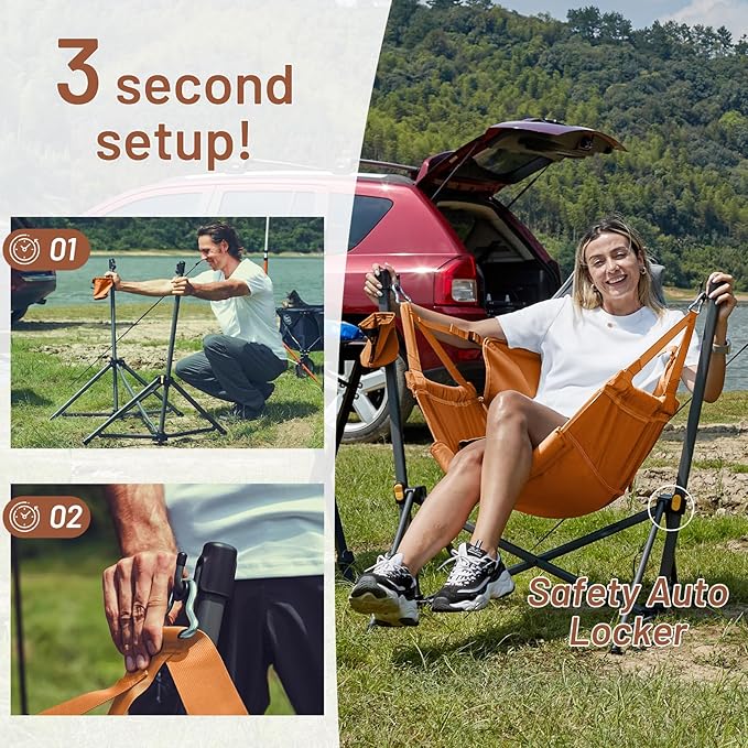 TIMBER RIDGE Hammock Camping Chair with Adjustable Backrest, Heavy Duty Folding Hammock Chair Supports 300lbs, Portable Hammock Chair for Camping, Travelling and Patio, Orange 2 Pack