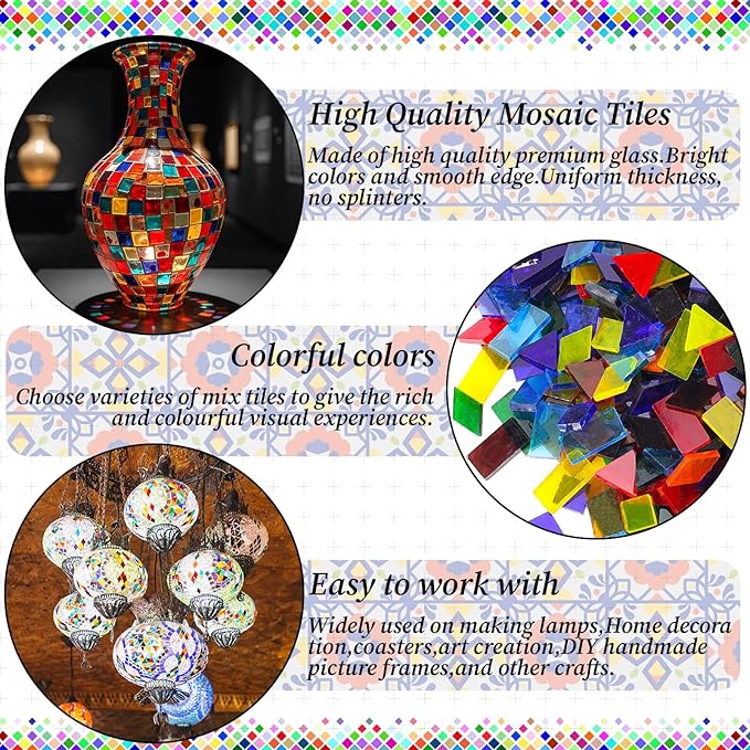 2400 Pcs Mosaic Tiles, Glass Mosaic Tiles for Crafts Bulk, Assorted Color Stained Mosaic Glass Pieces, Mosaic Supplies for Home Decoration, Art Crafts, DIY Projects, Transparent