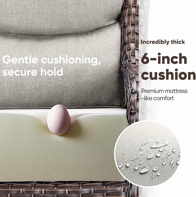 Swivel Patio Chairs sofa Set of 4 with 6" Thick Cushion - Wicker Outdoor Swivel Rocker Patio Chair ,Sofa/Glass coffee table, High Back Comfortable Outdoor Glider Chairs - Brown Wicker | Beige Cushions