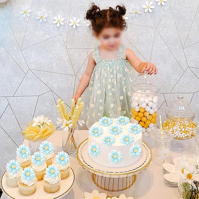 60 PCS Edible Daisy Cupcake Toppers Wafer Paper Daisy Cupcake Picks Edible Daisies Wildflower Birthday Party Decorations for Baby Shower Wedding Birthday Party Cake Food Decorations Supplies Blue