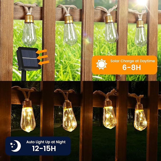Solar Outdoor String Lights 2PCS 24FT Vintage Rope Hemp Solar Lights with 20 Shatterproof Bulbs,8 Modes Solar Powered Lights with Memory Function,Waterproof for Fence,Yard,Camping(Warm White)