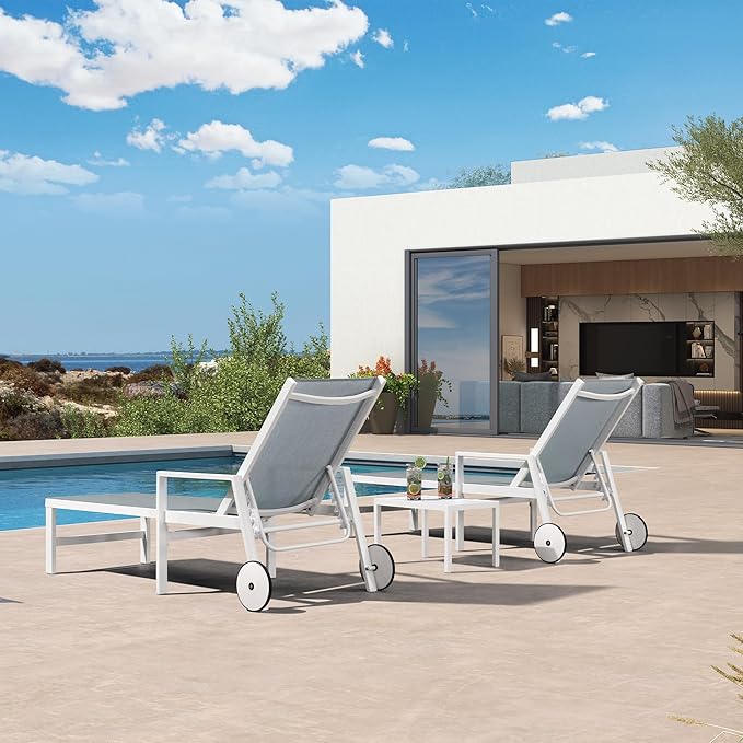 PURPLE LEAF Outdoor Lounge Chairs Set of 4 White Aluminum Chaise Lounge Chair Outdoor with Wheels and Armrest for Patio Deck Pool Side Table Include, Bluish-Gray