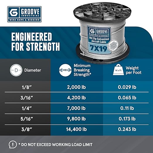 1/8’’ 7x19 Hot Dip Galvanized Aircraft Cable – Steel Wire Rope - 2000 Feet