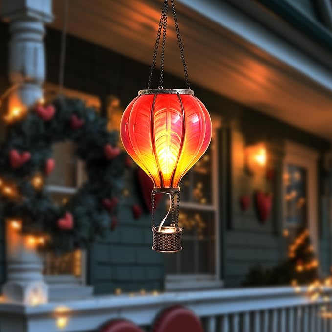 TERESA'S COLLECTIONS Hot Air Balloon Solar Lantern for Garden Decor ,Flickering Flame Hanging Solar Light for Outdoor ,Red Plastic Lamp for Yard Tree Gift for Mom