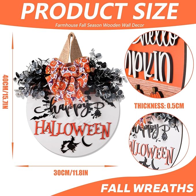 Halloween Door Hanger Sign Wooden Welcome Decor with Bat - Fall Wreaths for Front Door Hanging Decorations for Happy Halloween Party Indoor Outdoor Wall Decor Supply