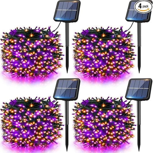 btfarm 4 Pack Solar Halloween String Lights Outdoor, 480LED 156Ft Orange Purple Solar Lights Waterproof Outside, 8 Modes Tree Twinkle Light Solar Powered for Garden Yard Patio Party Decorations
