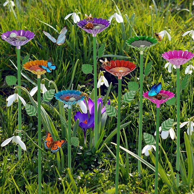 8 Pack Bee Watering Station, Bee Bath for Garden Metal Bee Water Feeder with Flower Design, Colorful Butterfly Bee Bath Bowl for Outdoor Garden Yard Decor