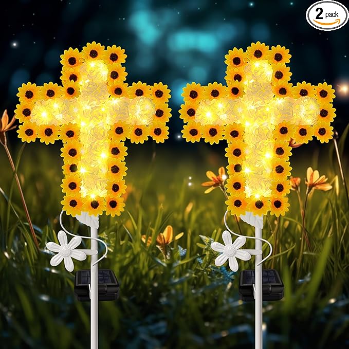YJFWAL 2 Pack Solar Daisy Cross Garden Stake Lights, Yard Solar Lights Cemetery Decorations for Grave Outdoor Light Jesus Cross Sympathy Memorial Gifts for Grandmother, for Garden Yard Lawn Pathway