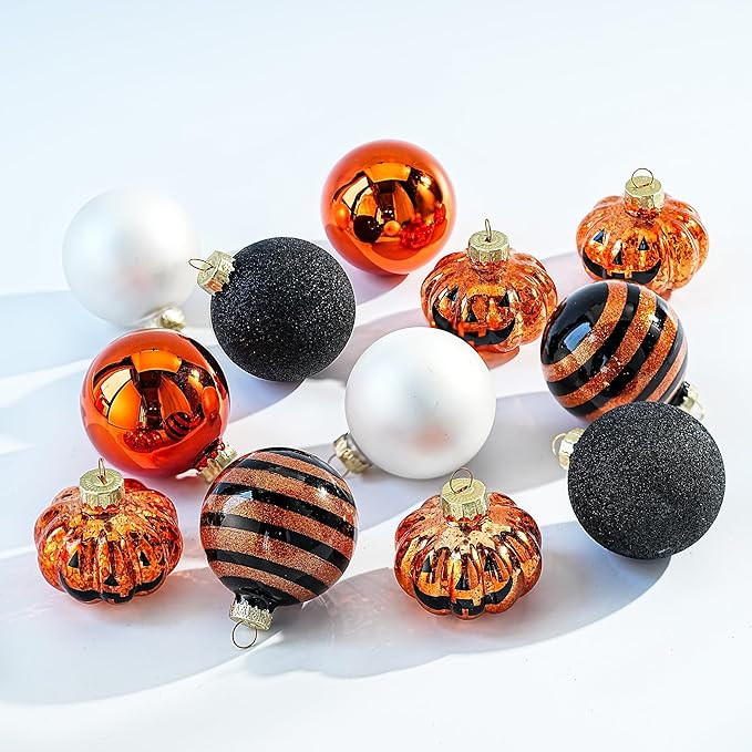 Halloween Tree Ornament Decorations Indoor, 12-Pack Pumpkin Decorative Hanging Ball Ornaments Set for Halloween Christmas Tree, Cute Holiday Party Indoor Home Decor