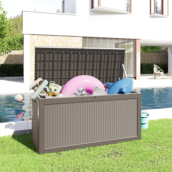 260 Gallon Resin Deck Box, Lockable Patio Outdoor Storage Box for Furniture, Garden Tools and Tools Storage, Waterproof Outside Storage Boxes - Grey