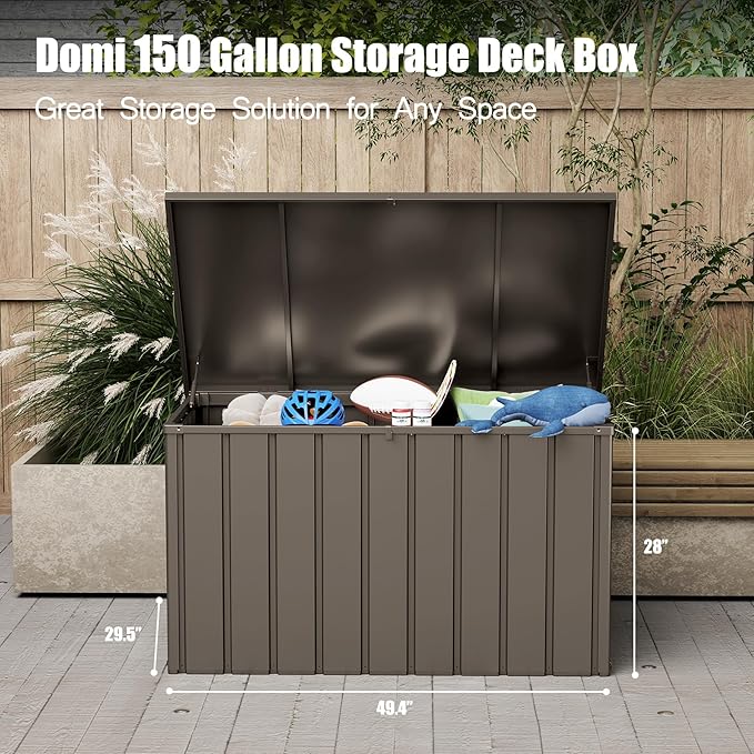Domi Deck Box 150 Gallon, Waterproof Lockable Steel Outdoor Storage Container for Outside Cushions, Garden Tools and Pools Equipment, Brown