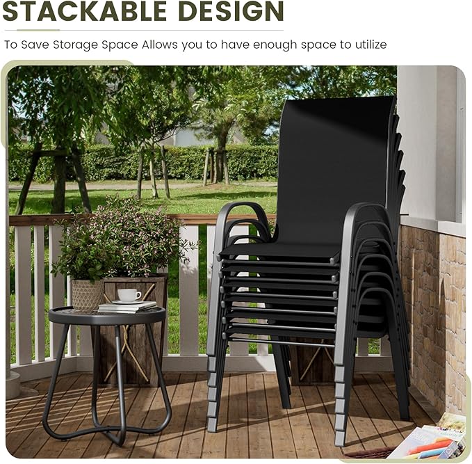 UDPATIO Patio Dining Set of 7, Outdoor Table and Chairs Set with Square Metal Table, 6 Stackable Patio Chairs with High Back, Outdoor Furniture for Deck Garden Backyard Lawn Poolside (Black)