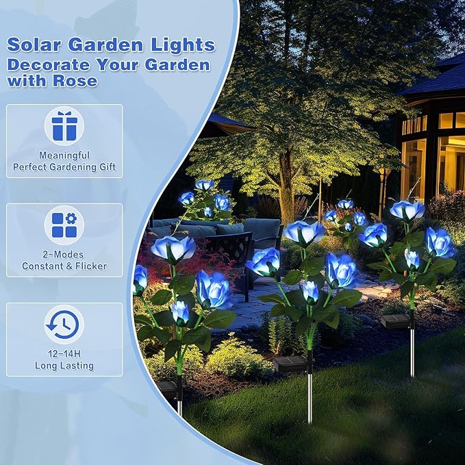 Solar Garden Lights Outdoor, 4 Pack Solar Flower Lights Outdoor Waterproof with 16 Rose, 2 Modes Realistic Rose Flower for Yard, Pathway, Garden Decor & Gardening Gift