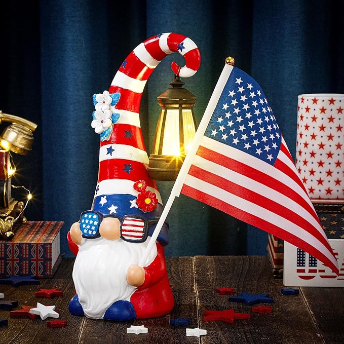 VIHOSE 11.8 Inch 4th of July Patriotic Solar Gnomes Statues USA Solar Gnome Outdoor Figurine Lights for Outside Lawn Ornaments Garden Porch Patio Balcony Yard Fourth of July Gifts for Mom Women