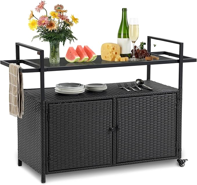 Wicker Outdoor Bar Cart - Black Patio Console Storage Table Buffet Cabinet Serving Kitchen Cart with Wheels for Outside Backyard