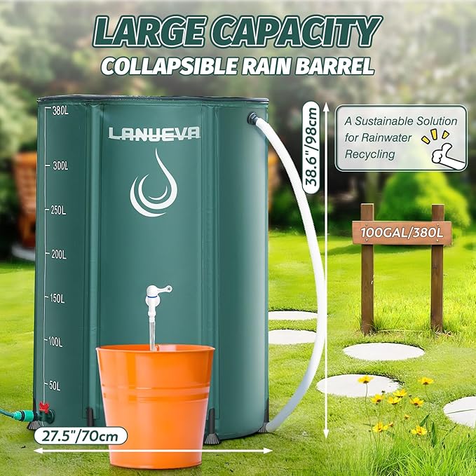 LANUEVA 100 Gallon Collapsible Rain Barrel, Rainwater Collection System with 2 Spigots, Overflow Kit and 2 Hoses, Portable Water Storage Tank with Scale Mark for Garden Plant Watering, Farm Irrigation