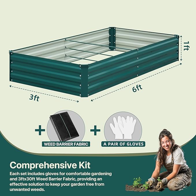 Raised Garden Bed Green, 6x3x1ft Galvanized Raised Garden Beds Outdoor for Vegetables Flowers, Raised Bed Planter Box, Metal Raised Garden Bed Kit with Gloves and 3ftx30ft Weed Barrier Fabric