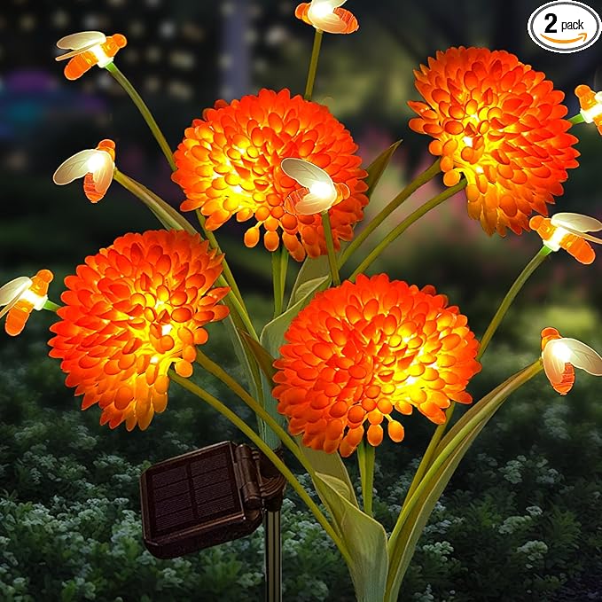 Solar Garden Lights, 2 Pack Solar Swaying Bee Lights with Flowers, Waterproof Solar Firefly Lights Outdoor for Garden Patio Yard Pathway Fall Decoration, Gifts for Women Mother's Day