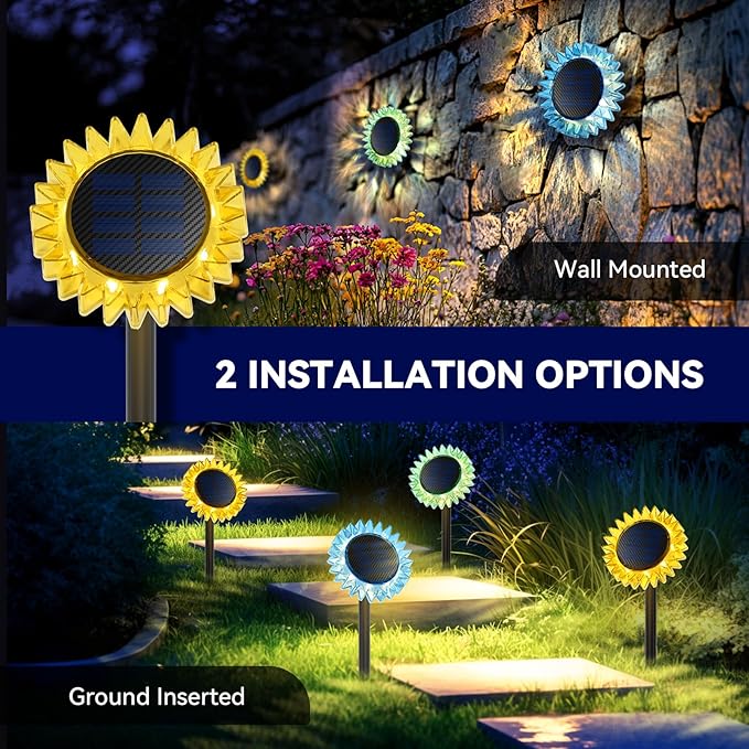 Solar Outdoor Garden Lights, 6 Pack Sunflower LED Ground&Wall 2-in-1 IP67 Waterproof Decorative Light for Yard Landscape Pathway Patio Walkway Backyard Decor (Warm White)