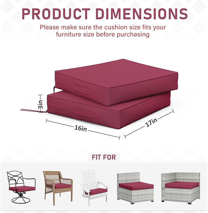 Patio Chair Cushions 17 X 16 X 3 Inch Waterproof Outdoor Seat Cushions for Patio Furniture, Outdoor Sofa Couch Pads with Ties & Handle, Set of 2, Fuchsiared