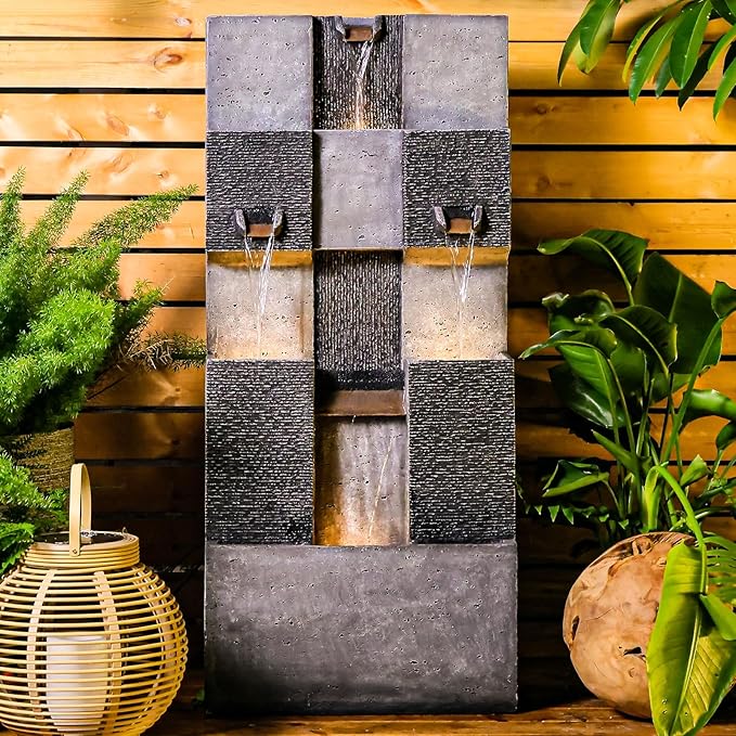 44.8" H Modern Outdoor Water Fountain with LED Lights and Pump, Mutiply-Tier Standing Cascading Waterfall - Modern Design for Garden,Patio,Yard, Multi-Level Outdoor Decor (Gray)