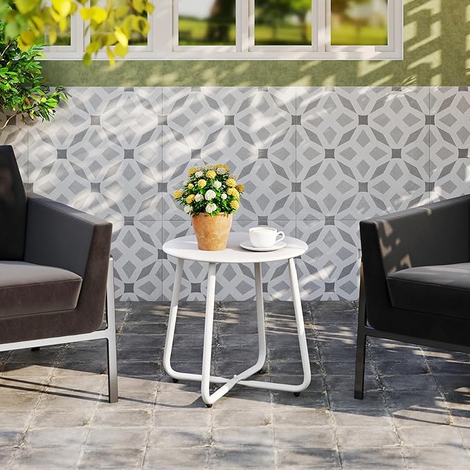 HollyHOME Round Metal Side Table, Rust-Resistant Patio Small Plant Stand, Outdoor 17.32'' Portable End Table for Balconies, Gardens, Living Rooms and Bedrooms, White