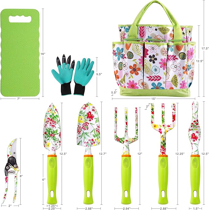 NAYE Garden Tool Set,Cute Gardening Gifts for Women,Birthday Gifts for Mom,Heavy Duty Tool Kit with Gloves,Garden Tote,Kneeling Pad,Hand Pruner,Trowel,Hand Rake,Weeder,Fork,Transplanter,Multicolor