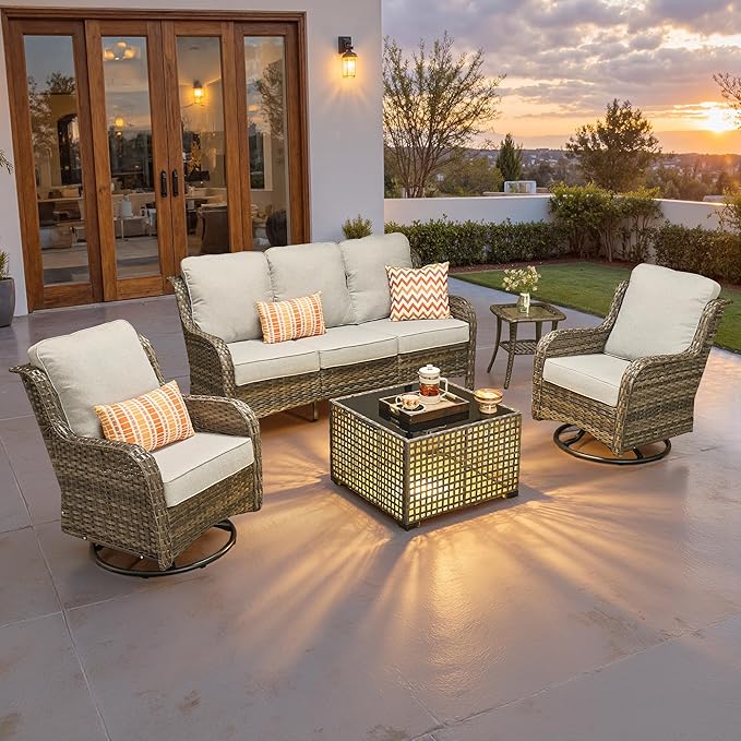 ovios 5 Pieces Patio Furniture Set, Outdoor Wicker Sofa Couch with Swivel Chairs Solar Lights Table, High Back All Weather Modern Conversation Sets, Grey Rattan, Grey