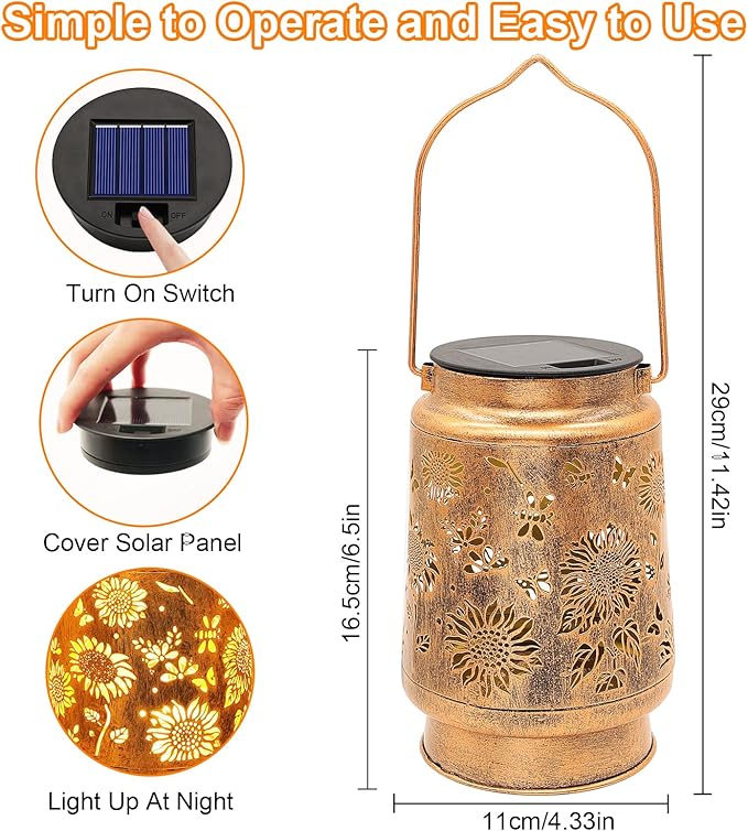 2 Pack Solar Lanterns Outdoor Garden Decor with Shepherd Hook, Gardening Gifts for Mom Grandma Women Sunflower Metal Decor Lantern Waterproof Solar Lights LED Decorative for Garden Yard Patio