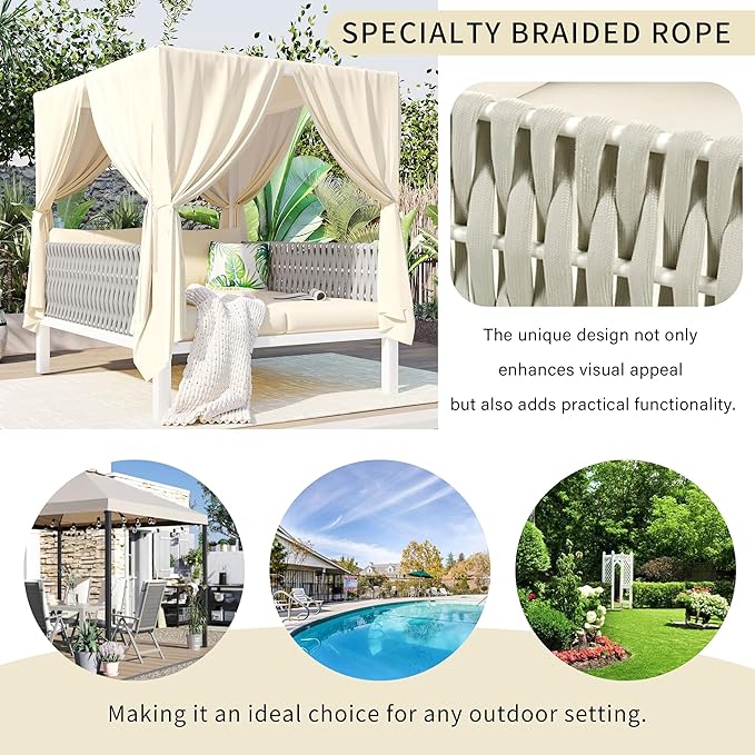 Polibi Outdoor Patio Sunbed with Beige Curtains,Outdoor Sun Lounger Bed with Pillows,Rubber Core Rope Weaving Outdoor Double Chaise Lounge Suitable for Pool,Garden,Beige