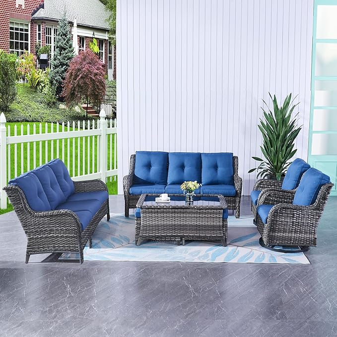 HUMMUH 7pcs Patio Furniture Set Swivel Rocker Patio Chairs,PE Wicker Outdoor Sofa Set of 2 with Coffee Table and Ottomans(Grey,Blue)