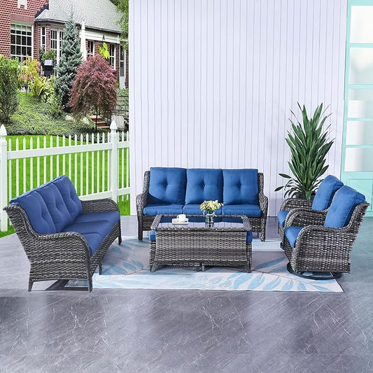 HUMMUH 7pcs Patio Furniture Set Swivel Rocker Patio Chairs,PE Wicker Outdoor Sofa Set of 2 with Coffee Table and Ottomans(Grey,Blue)