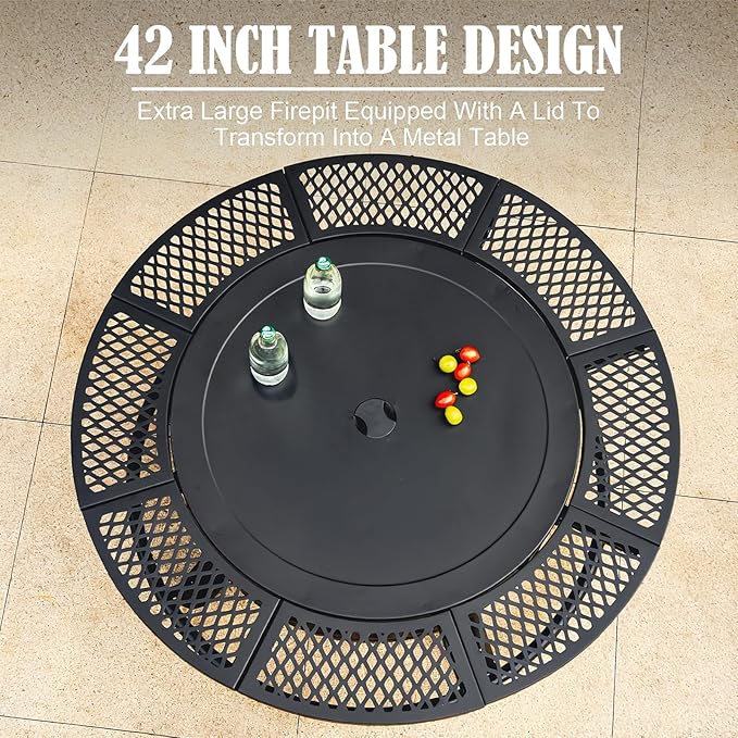 42 Inch Fire Pit with 2 Grills, Large Outdoor Firepits for Outside, Wood Burning Fireplace for Camping,Picnic,Bonfire, 3-in-1 Round Metal Table with Lid for Backyard,Patio,Party