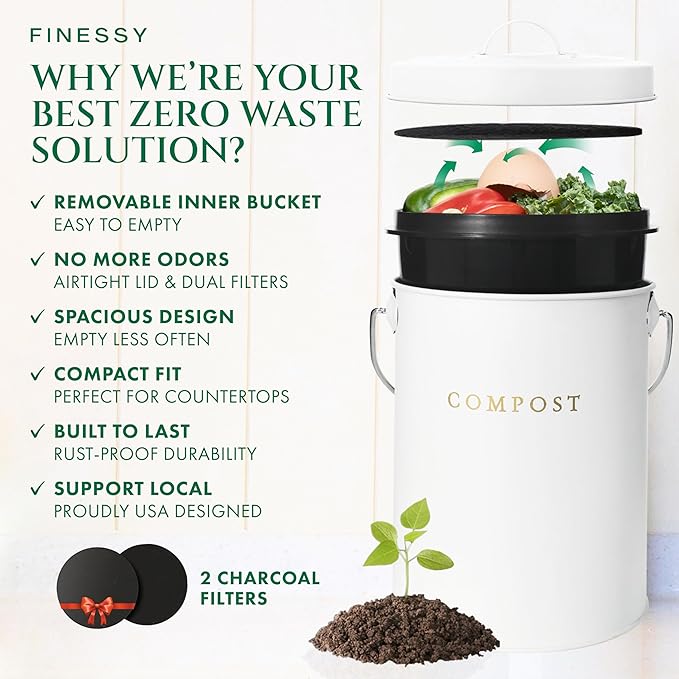 White 1.3 Galion Indoor Compost Bin Kitchen Odorless with Lid for Composting Food Waste Bucket for Counters, Stainless Steel Kitchen Compost Bin Countertop Trash Can Scrap Container Composter Caddy