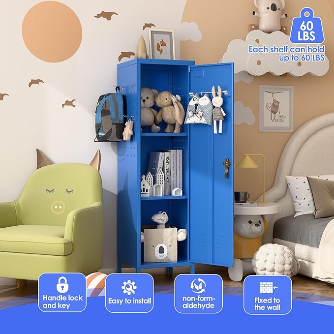 METAN Metal Storage Lockers with Handle Lock and 2 Adjustable Shelves,Office Storage Locker with Pegboards and Hooks,Assembly Required,Blue