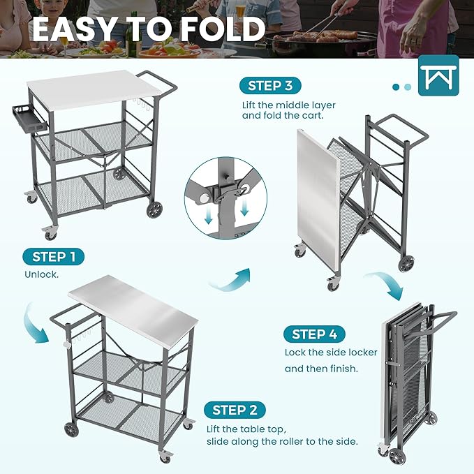Ciokea Folding Outdoor Grill Cart with Wheels, 3-Shelf Grill Table with 27x18 in Stainless Steel Top, Rolling Pizza Oven Stand, Metal Portable Cart for BBQ Patio Camping (Grey)