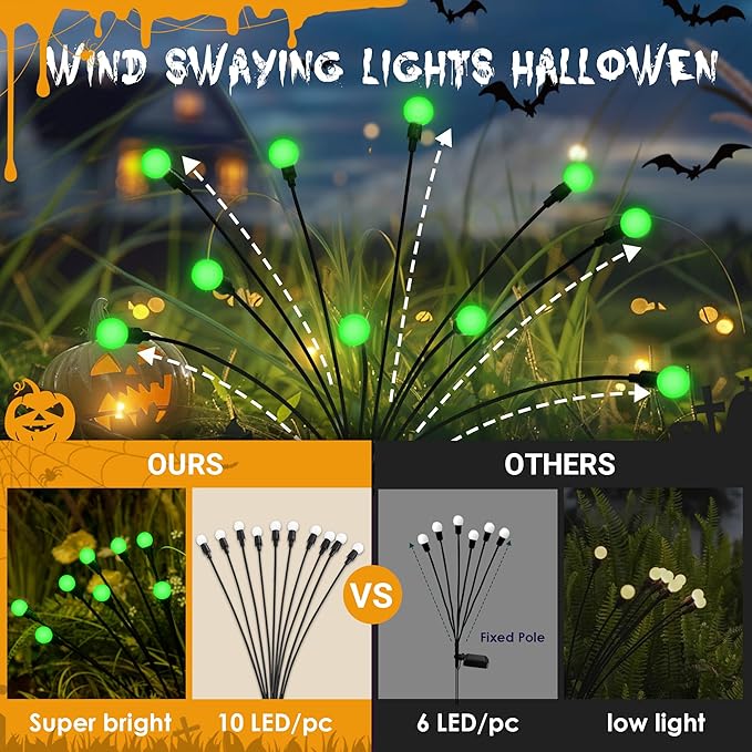 Solar Garden Lights,Halloween Lights Outdoor 20 LED Firefly Halloween Garden Lights Outdoor,Solar Lights for Outside,Solar Lights Outdoor Waterproof for Halloween,Christmas,Yard,Patio(Green)