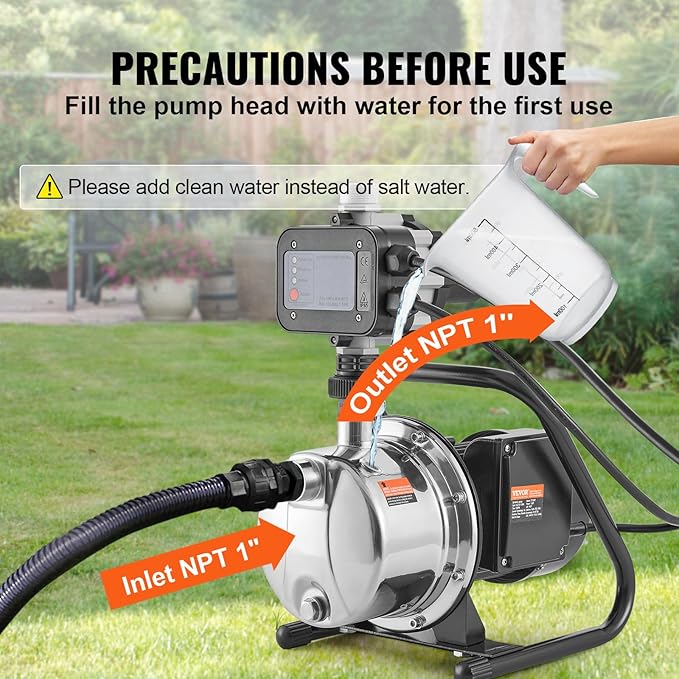 VEVOR 1HP Shallow Well Pump Portable, 1380 GPH Garden Jet Pump with Automatic Controller, 145 ft Head Stainless Steel Sprinkler Booster Pumps, for Garden Lawn Irrigation System, Water Transfer