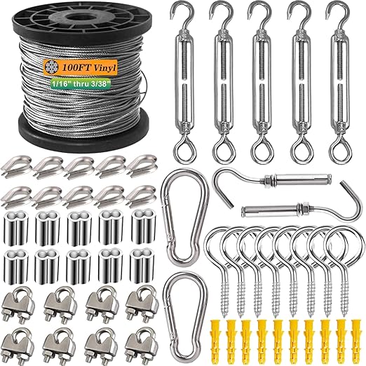 1/16 Inch 304 Stainless Steel Wire Rope Kit - 100ft 7x7 Strand Core Vinyl Coated Aircraft Cable with Turnbuckles for Outdoor String Lights Hanging, Garden & Guy Wire Support