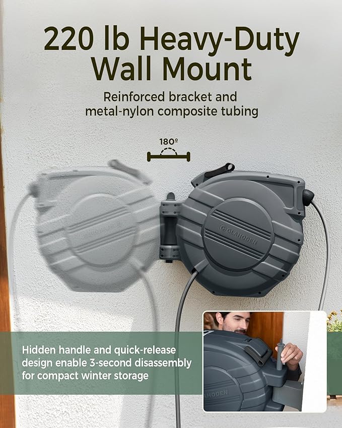 Retractable Garden Hose Reel 5/8 in x 90 ft, 2025 Upgraded Dual Ratchet Lock UV & Freeze Protection Brass Seal Slow Retraction Anti-Tangle Hose 180°Swivel Reinforced Scaffold Wall Mount