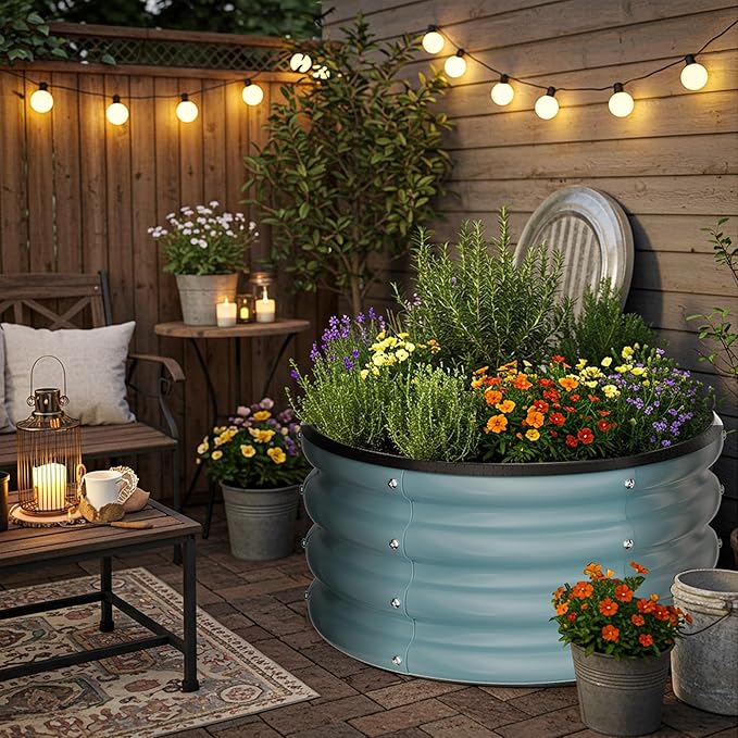 ZXZYHFTY Round Galvanized Raised Garden Bed kit,Blue Outdoor Garden Raised Planter Box, Round Large Metal Raised Garden Beds for Vegetable 2 * 2 * 1ft 2 Pcs