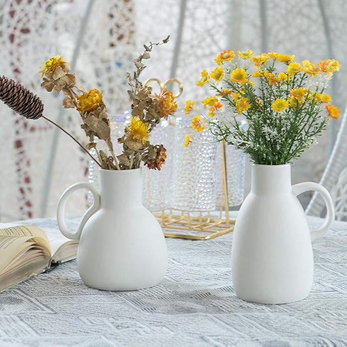 White Ceramic Vase Set - 2 Small Vases with Handle, Pottery Vases for Modern Home Decor, Minimalist Matte Pitcher for Fowers, Decorative Clay Vase Centerpiece Dining Table Decorations