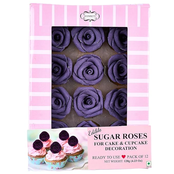 Confect Edible Rose Topper -Edible True Purple Rose Toppers for Cake & Cupcake - Edible Roses for Desserts- Vegan, Gluten-Free, Nut-Free, Dairy-Free, Palm Oil-Free - Pack of 12