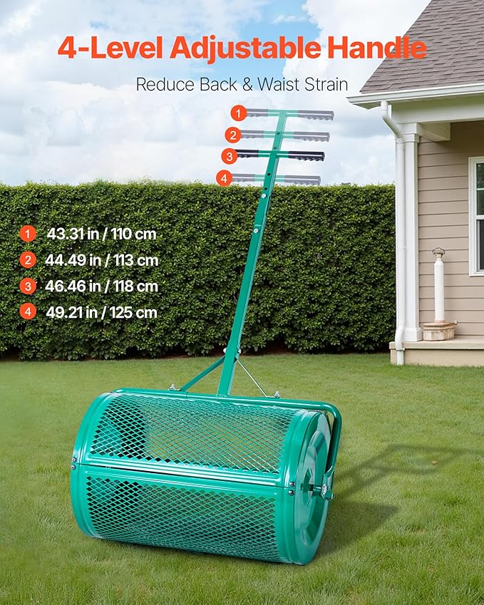 VEVOR Compost Spreader, 24 in Wide Peat Moss Spreader with Push/Tow Handle, 4 Heights Adjustable, Powder-Coated Steel Garden Peat Moss Roller, Heavy Duty Grass Seed Spreaders for Planting Seeding