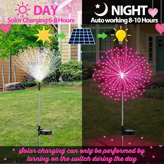 6 Pack Pink Solar Firework Lights 180 LED 8 Lighting Modes Waterproof Outdoor Decorative Solar Lights for Easter Wedding Birthday Garden Patio Yard Pathway Walkway Lawn Decor