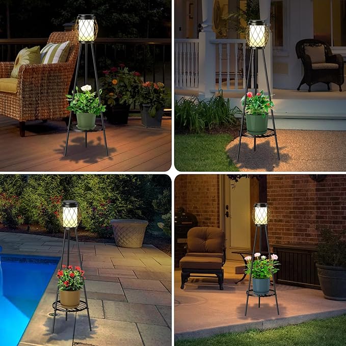 Solar Lights Outdoor with Plant Stands 2 Pack, Solar Floor Lamp Metal Tripod Patio Lights for Garden Yard Pathway Driveway Front/Back Porch Decoration