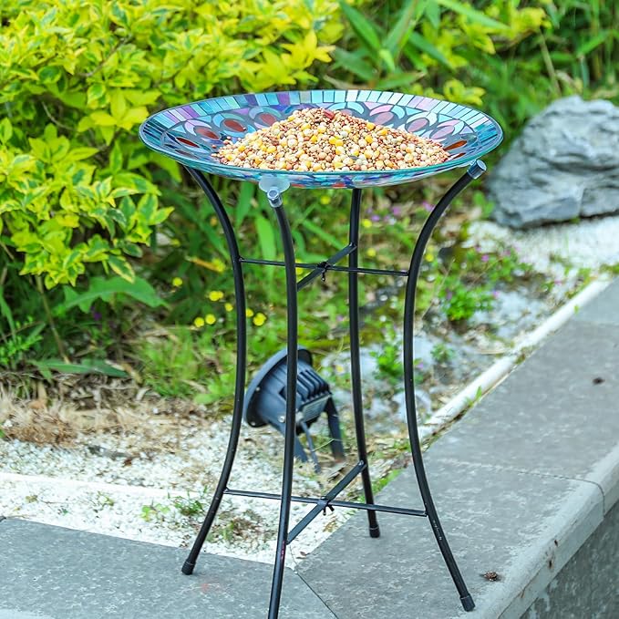 VCUTEKA Mosaic Bird Bath, Glass Birdbath Detachable with Metal Standing for Outdoor Patio Garden Backyard Décor