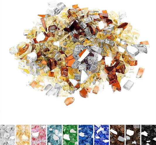 Mr. Fireglass Blended Reflective Fire Glass for Fire Pit Fireplace and Landscaping, 10 Pounds 1/4 Inch Mixed Colored High Luster Fire Rocks for Outdoor and Indoor Use Copper+Gold+Platinum