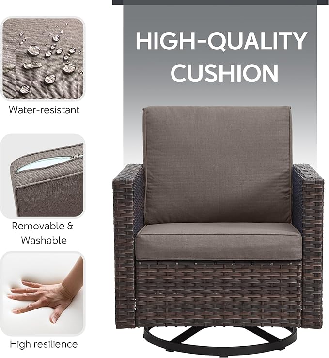 7 Piece Wicker Patio Furniture Set - Outdoor Swivel Rocker Chairs Set with Coffee Table, Side Table, 3 Seat Sofa & Ottomans, Small Patio Conversation Sets for Balcony Deck - Brown/Grey