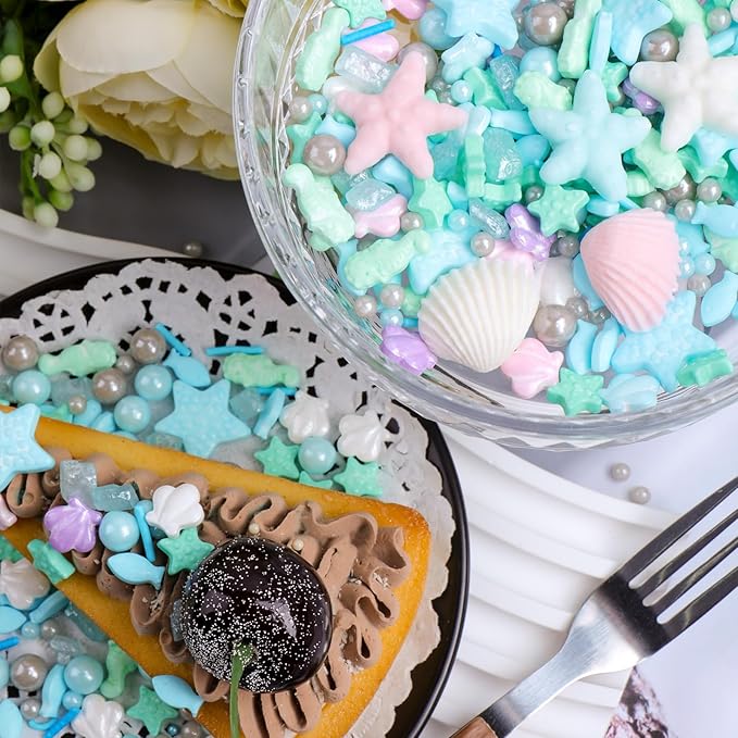 Ocean Sprinkles for Cake Decorating, Shell, Seahorse, Starfish, Fish & Pearl Sugar Mix for Cupcakes Cookies and Ice Cream Toppings